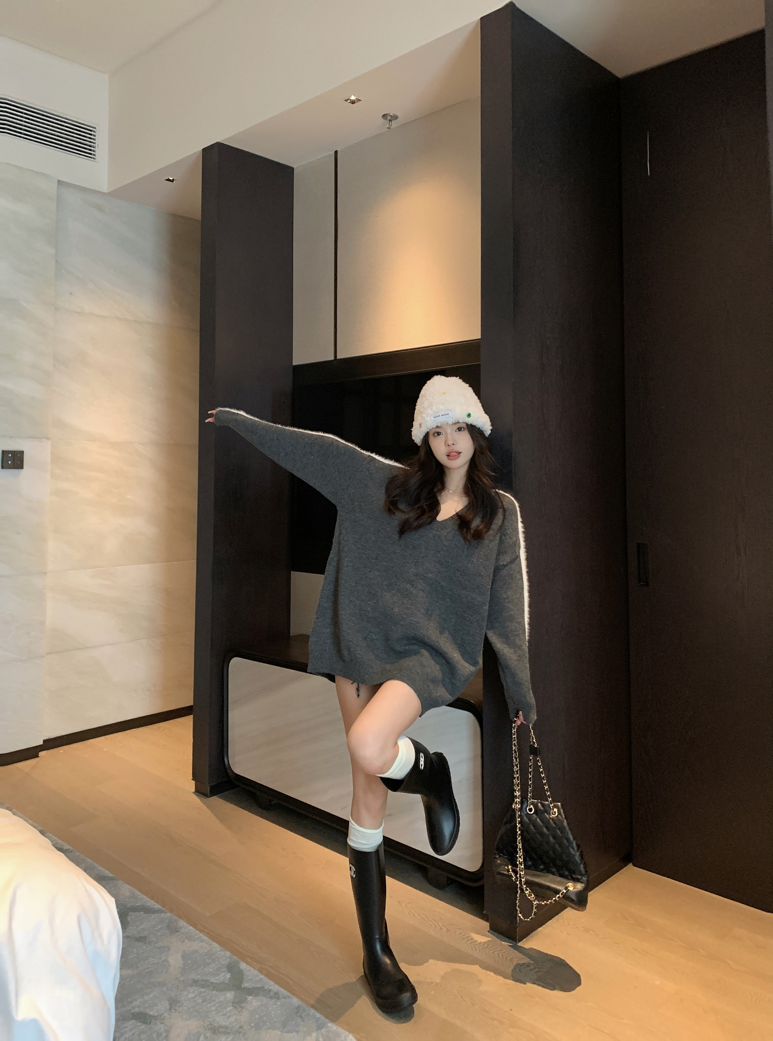 實拍~美式復古拼接長袖毛衣寬鬆中長款針織衫慵懶風套頭上衣