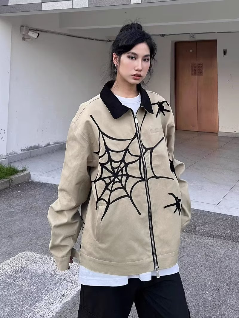American street retro spider embroidery jacket for men and women, trendy brand high street design, short loose baseball jacket