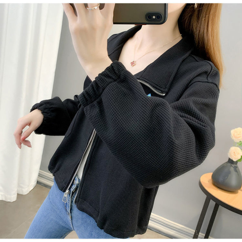 Autumn and winter coat women's polo collar casual loose zipper sweatshirt waffle