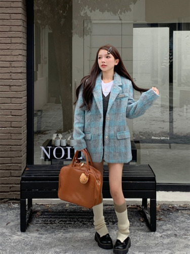Actual shot of autumn and winter Korean chic small fragrant wool contrasting blue plaid thickened warm suit jacket
