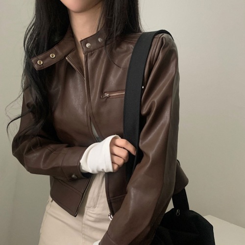 Korean ins autumn and winter temperament motorcycle leather jacket half turtleneck baseball uniform leather jacket
