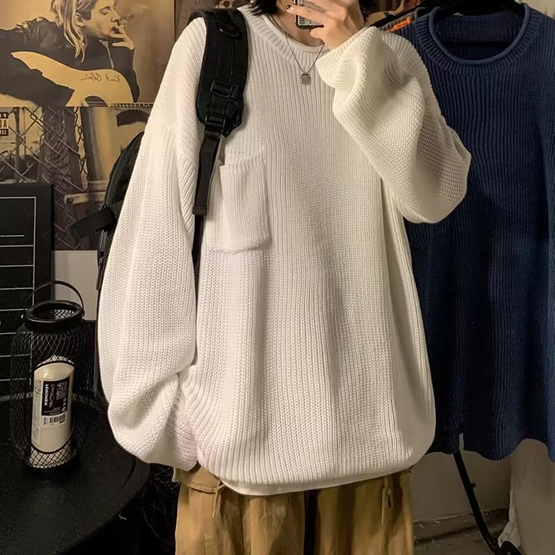毛衣女圓領秋冬日系慵懶風寬鬆韓版潮流線衣口袋高級感打底針織衫