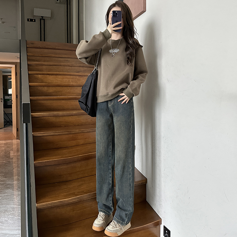 實拍 秋冬季加絨牛仔褲女2023年小個子高腰顯瘦直筒闊腿拖地褲