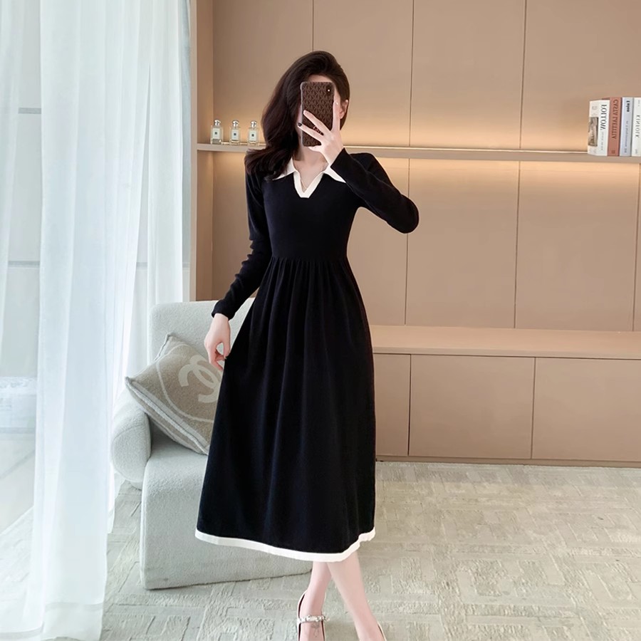 法式春秋季POLO領長袖薄款針織連衣裙女收腰A字裙黑色外穿長裙子