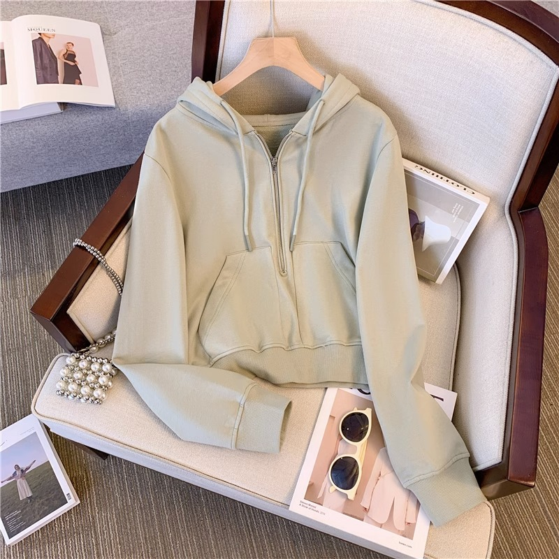 Original workmanship American half-zip short hooded sweatshirt for women 2023 autumn lazy wear jacket