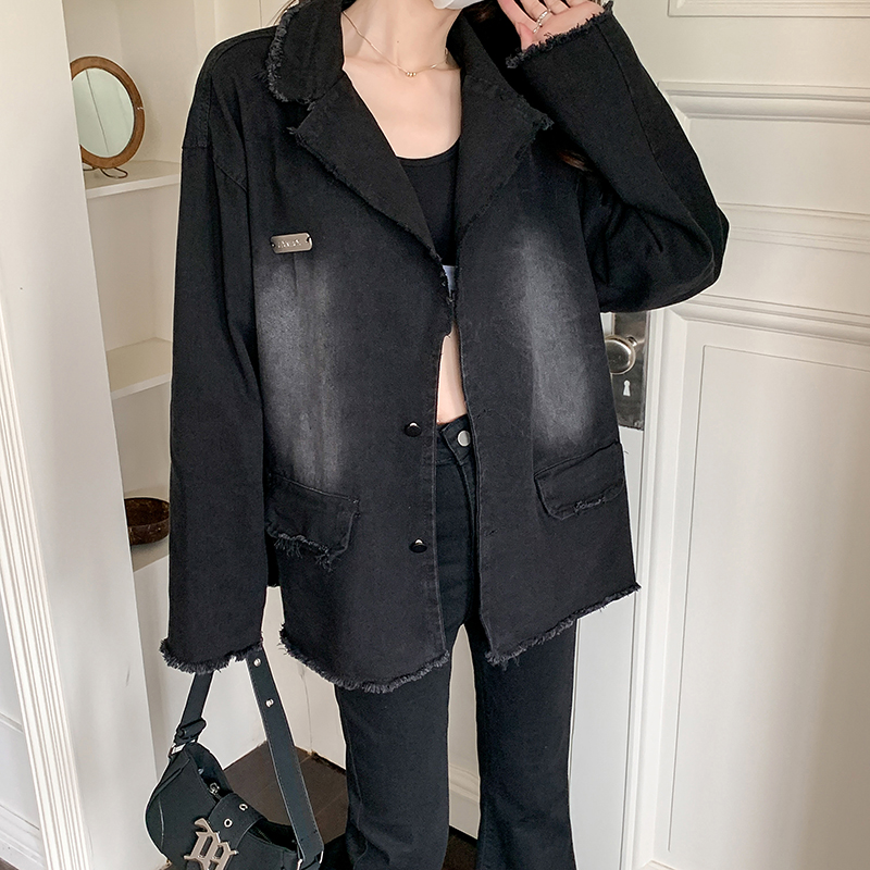 Actual shot~ American hot girl design loose and versatile distressed washed suit collar cardigan denim jacket
