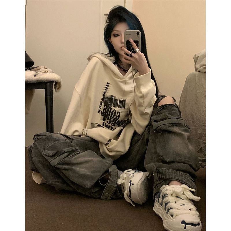 包肩領 印花原版做工 秋冬連帽杏色衛衣 華棉薄款/加絨