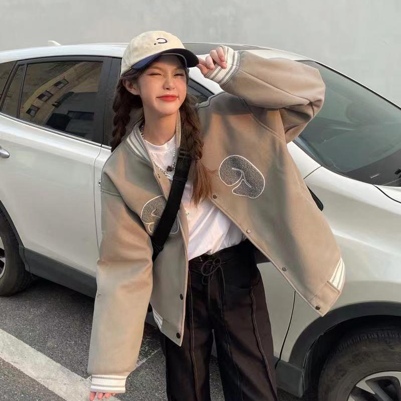 Autumn and winter plus velvet chic casual embroidered baseball uniform jacket for men and women Korean style loose design jacket versatile ins