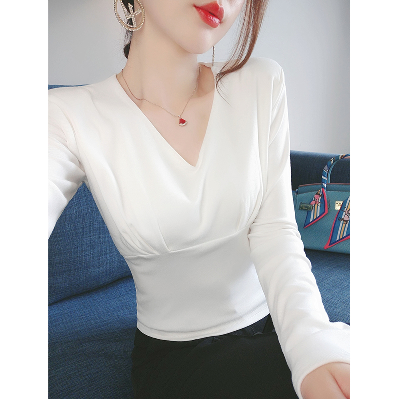 氣質v領打底衫女秋裝高級感內搭上衣2023新款修身長袖t恤女裝