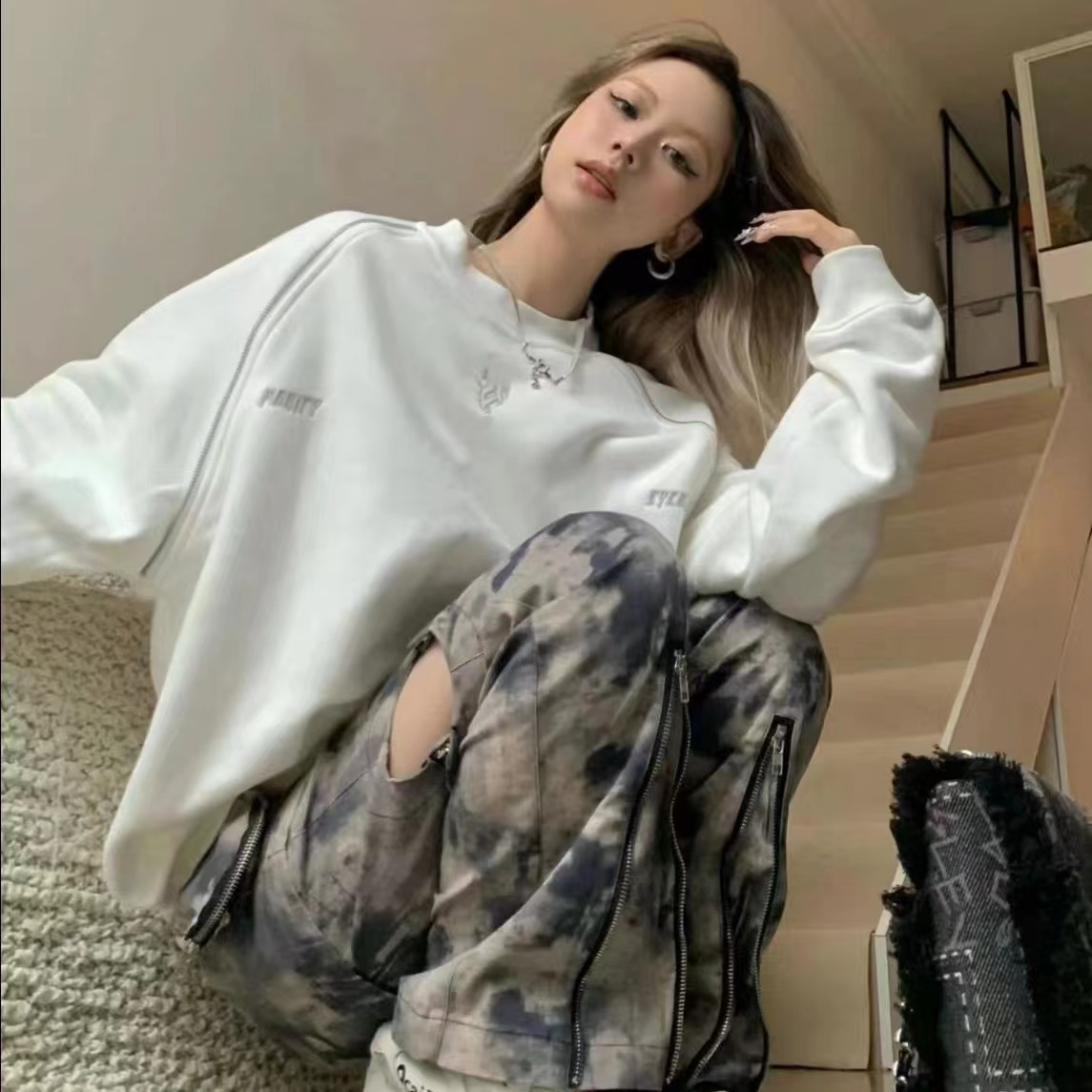 絨套頭衛衣女國潮秋季美式復古小眾寬鬆無帽上衣