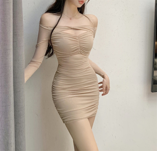 Actual shot of one-line collar, long-sleeved, sparkling hollow high-waist slimming hip-hugging dress