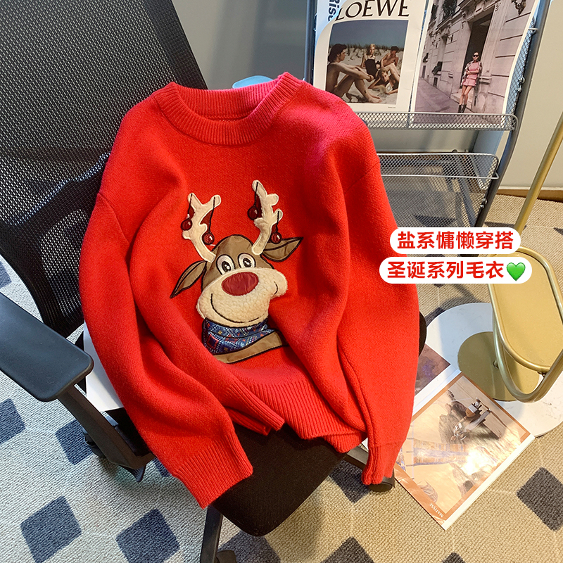 實拍2023聖誕新款氛圍感刺繡麋鹿毛衣女冬加厚圓領寬鬆慵懶針織衫