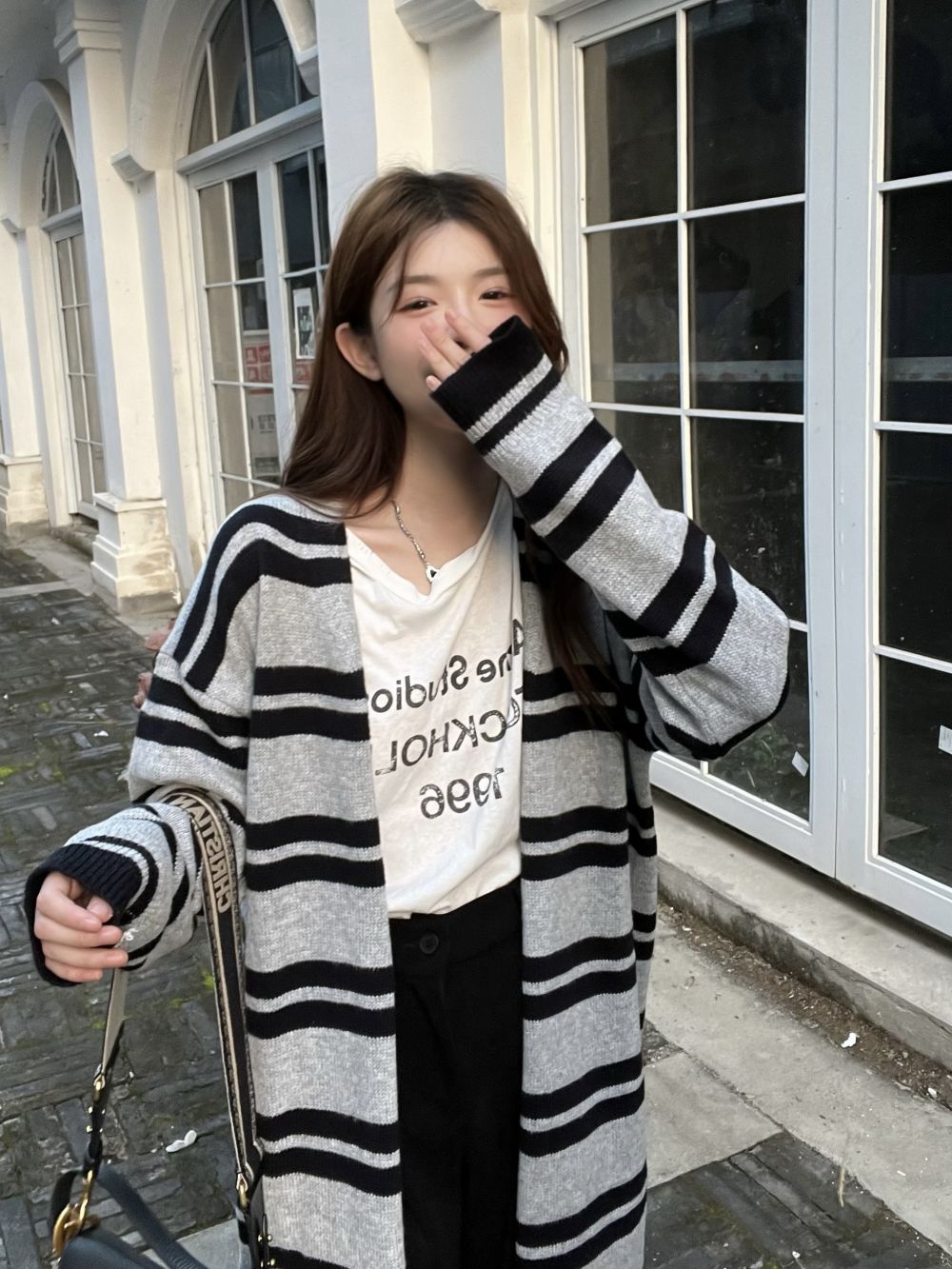 實拍三標齊撞色條紋中長款毛衣外套女溫柔風針織開衫上衣