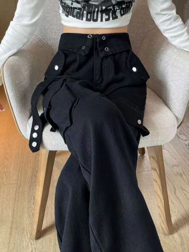 黑色工装牛仔裤女秋冬季2023新款高腰设计感直筒美式休闲裤