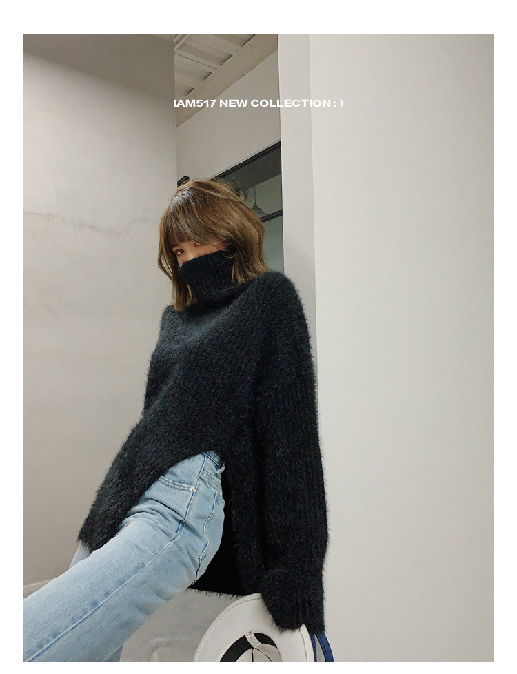 iam517 高領黑色開叉毛衣女寬鬆外穿加厚慵懶設計感小眾新年上衣