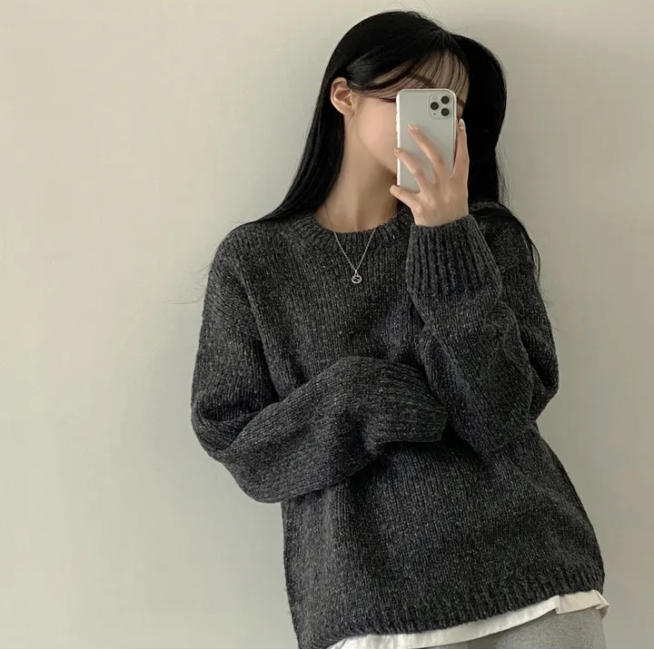 韓國chic冬季慵懶混色圓領套頭毛衣簡約款百搭慵懶寬鬆上衣