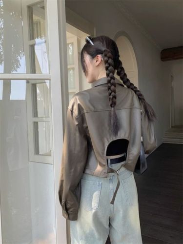 Short leather jacket women's autumn Korean version  new backless design loose long-sleeved jacket motorcycle wear trend