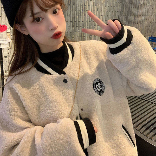 2023年秋冬棒球服女韓風chic加厚羊羔毛外套韓版寬鬆休閒羊羔絨