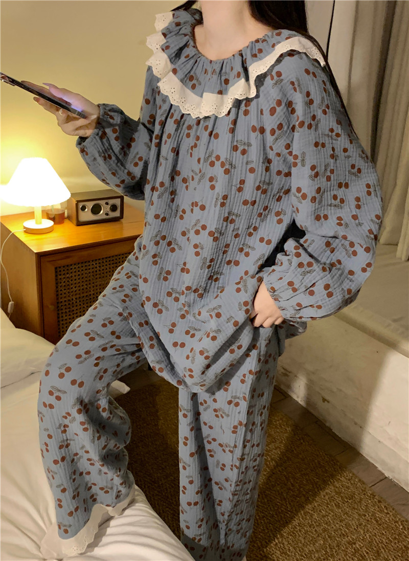 實拍韓版寬鬆軟棉雙紗櫻桃娃娃領撞色蕾絲花邊外穿家居服套裝
