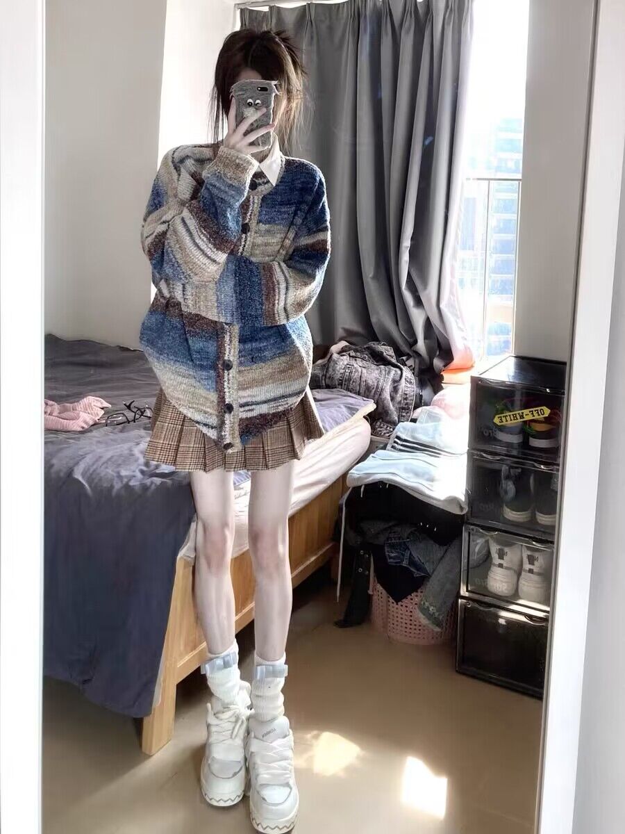 美式針織開衫寬鬆復古慵懶風油畫彩虹條紋漸變長袖春秋毛衣外套女