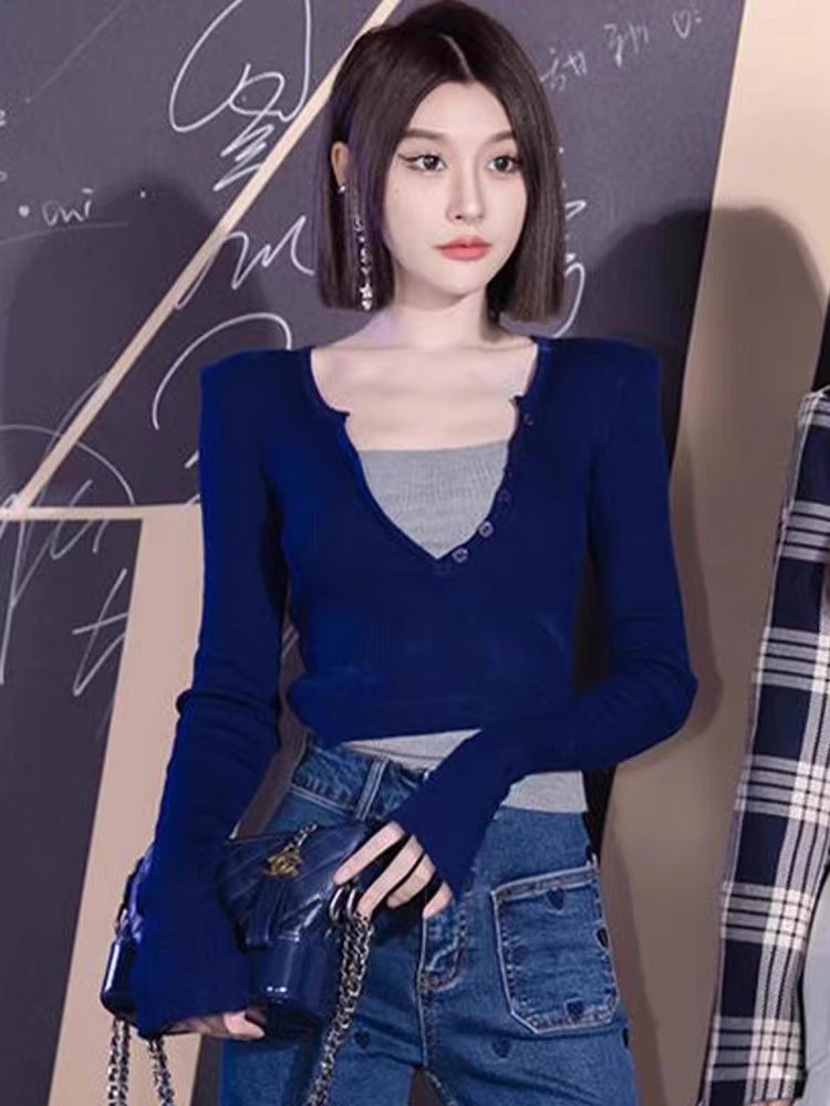 秋季套裝女裝新款心機假兩件修身長袖針織個性牛仔闊腿褲兩件套潮