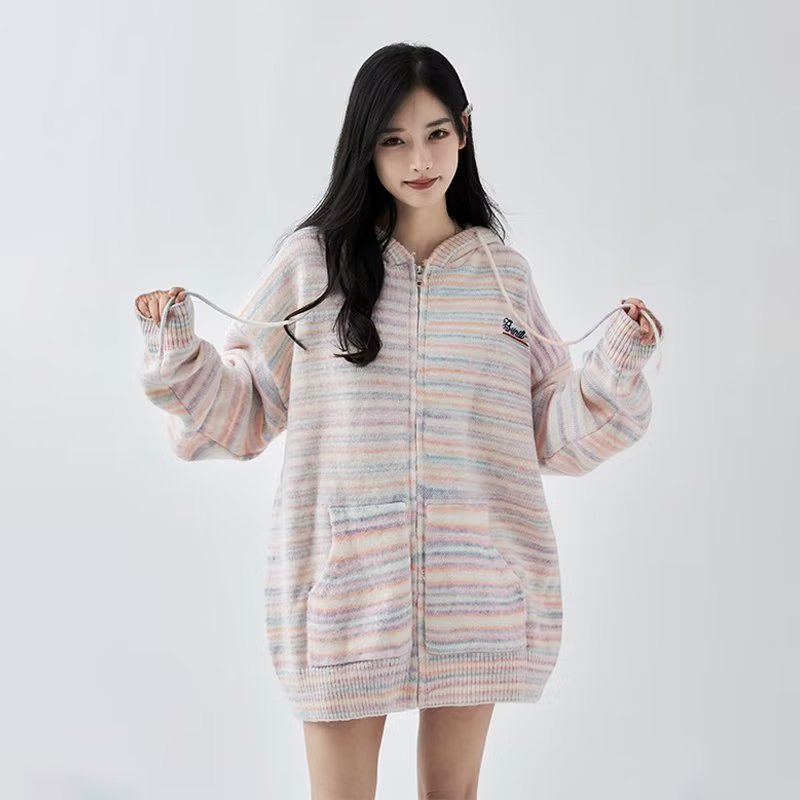 復古軟糯條紋針織外套女2023新款設計感慵懶風連帽開衫毛衣