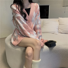 Real-shot Rhombus-Pattern Sweater Coat for Women | Autumn/Winter Vintage Knitted Cardigan Top