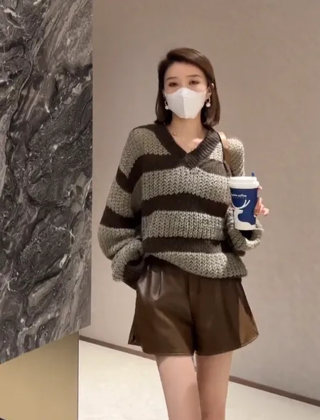 早秋新款上衣韓系風格穿搭小個子寬鬆顯瘦慵懶高級感條紋針織毛衣