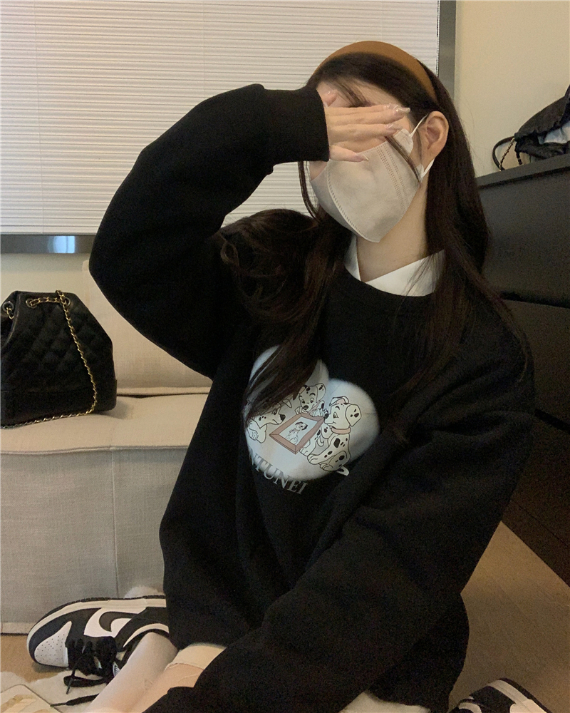 實拍~韓國女高中生 斑點狗印花寬鬆加絨衛衣