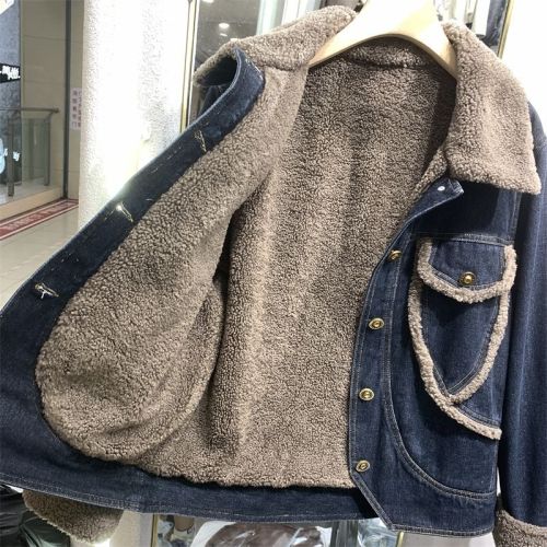 Lamb Fleece Warm Denim Jacket for Women Autumn/Winter  Fashion Casual Fleece Lined Thick Collar Top
