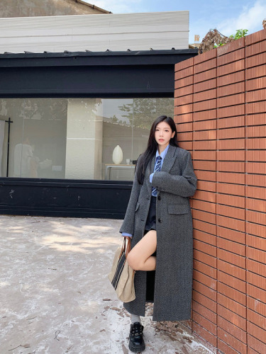 Real shot of autumn and winter Korean chic simple and high-end temperament dark gray woolen suit woolen jacket + shirt and tie