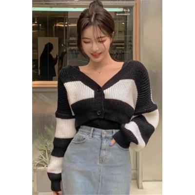 Korean purchasing Dongdaemun women's clothing autumn and winter new two-piece sweater striped short fashion knitted suit