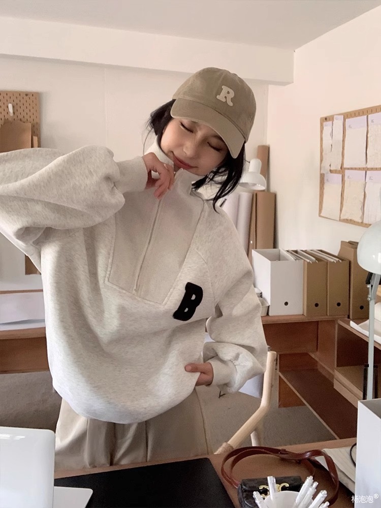 楊泡泡 翻領字母oversize衛衣女秋季新款小個子韓版拉鏈套頭上衣