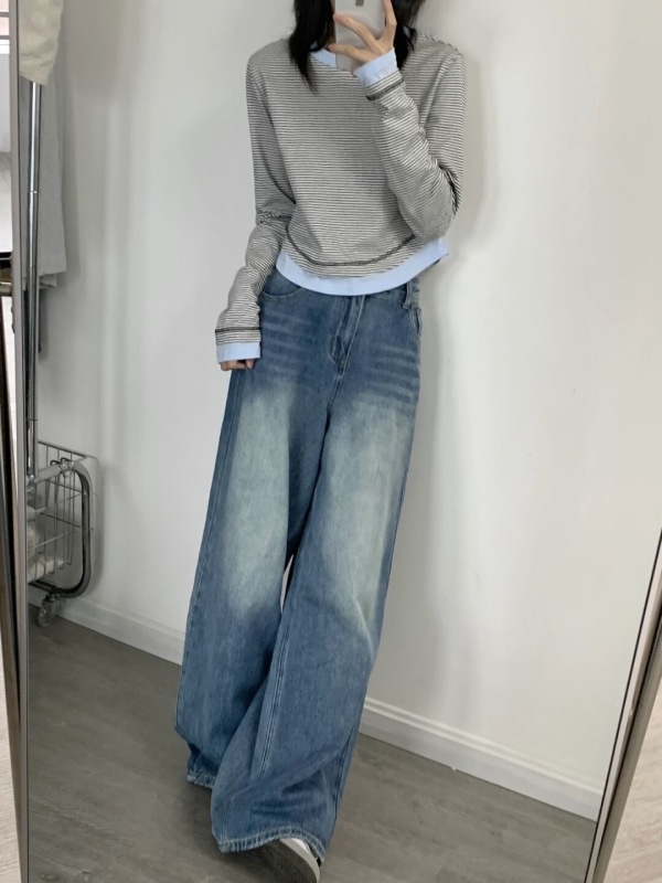 假兩件撞色條紋長袖T恤女內搭秋季短款修身不規則正肩上衣打底衫