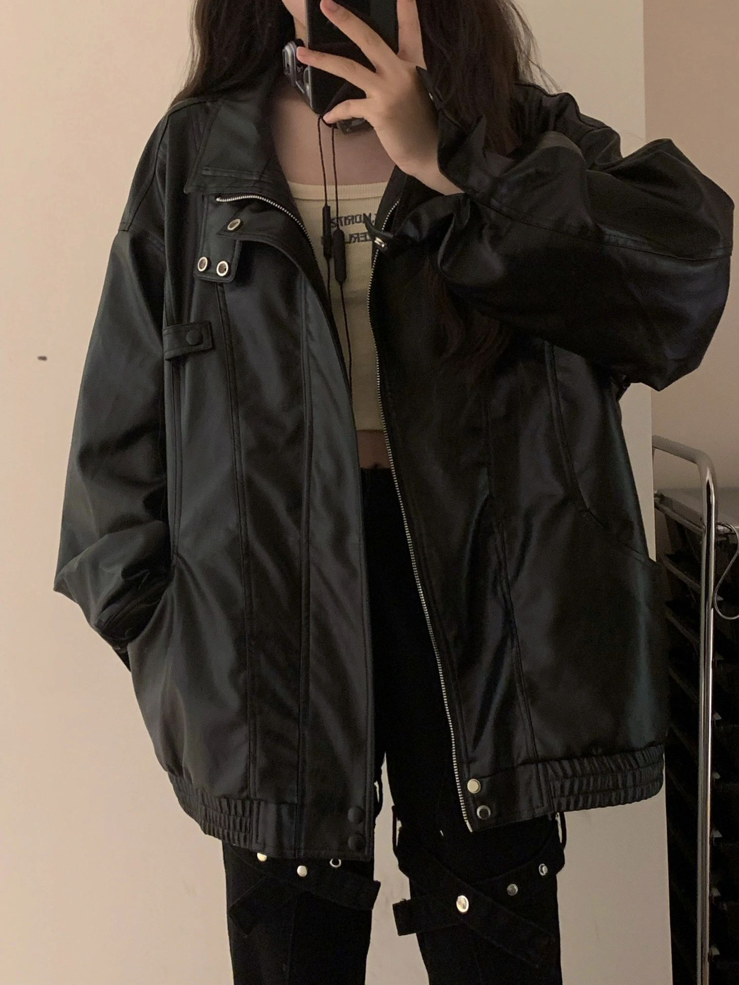 2023時尚美式復古hiphop高街pu皮衣外套女秋冬長袖情侶機車服