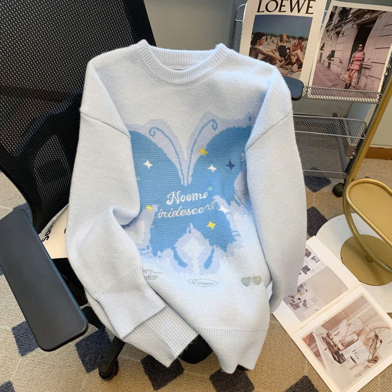 蝴蝶刺繡圓領毛衣女秋冬季oversize慵懶風針織衫美式上衣