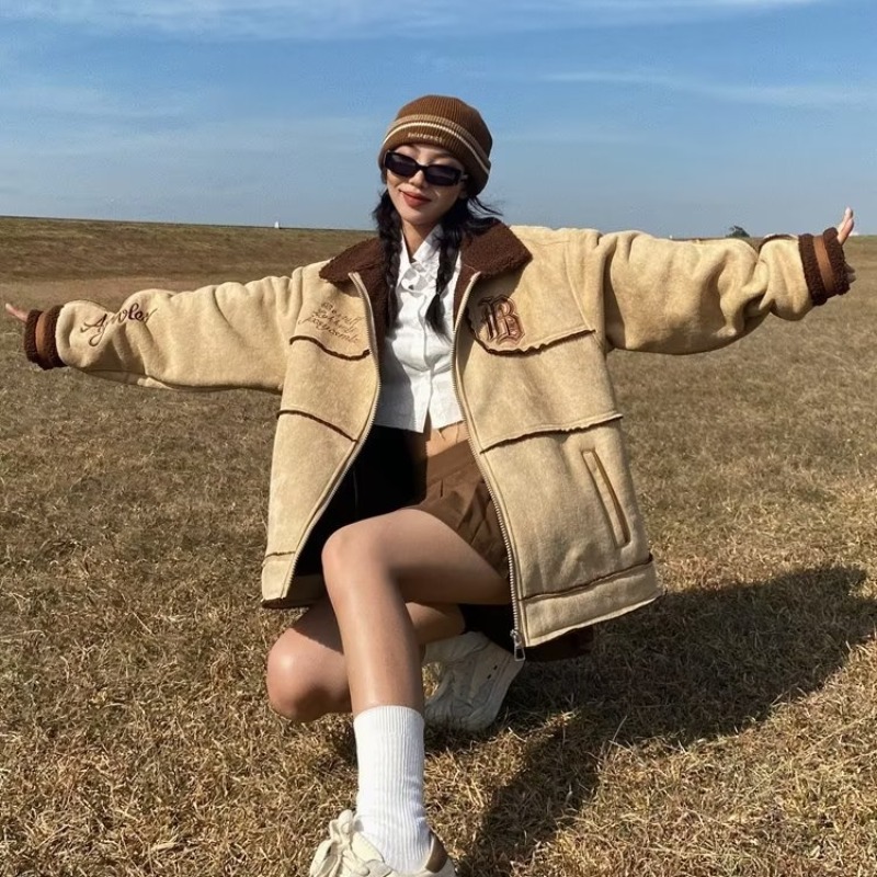 美式復古麂皮絨棒球棉服女冬季加厚保暖羊羔毛機車翻領棉衣外套