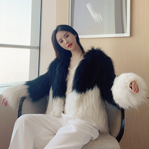  winter new imitation fox fur contrasting color fur coat for women Korean style short gradient slimming plush coat