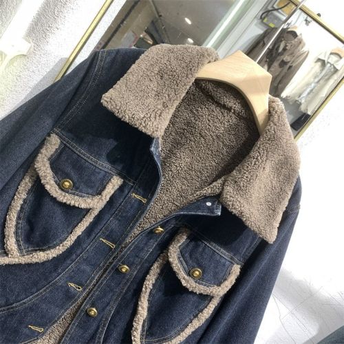 Lamb Fleece Warm Denim Jacket for Women Autumn/Winter  Fashion Casual Fleece Lined Thick Collar Top