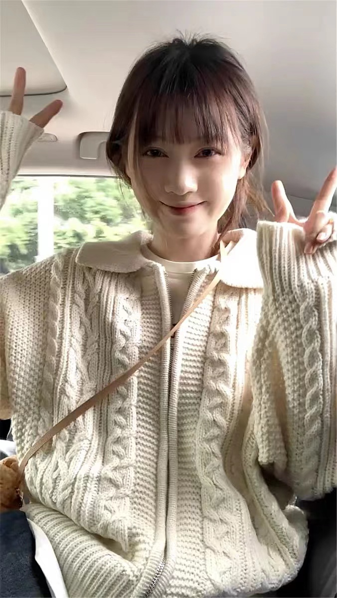 Autumn versatile loose casual lapel cardigan Japanese lazy style retro twist knitted sweater for women