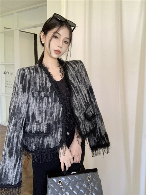 實拍 實拍 高級感暈染流蘇毛呢小香風外套女