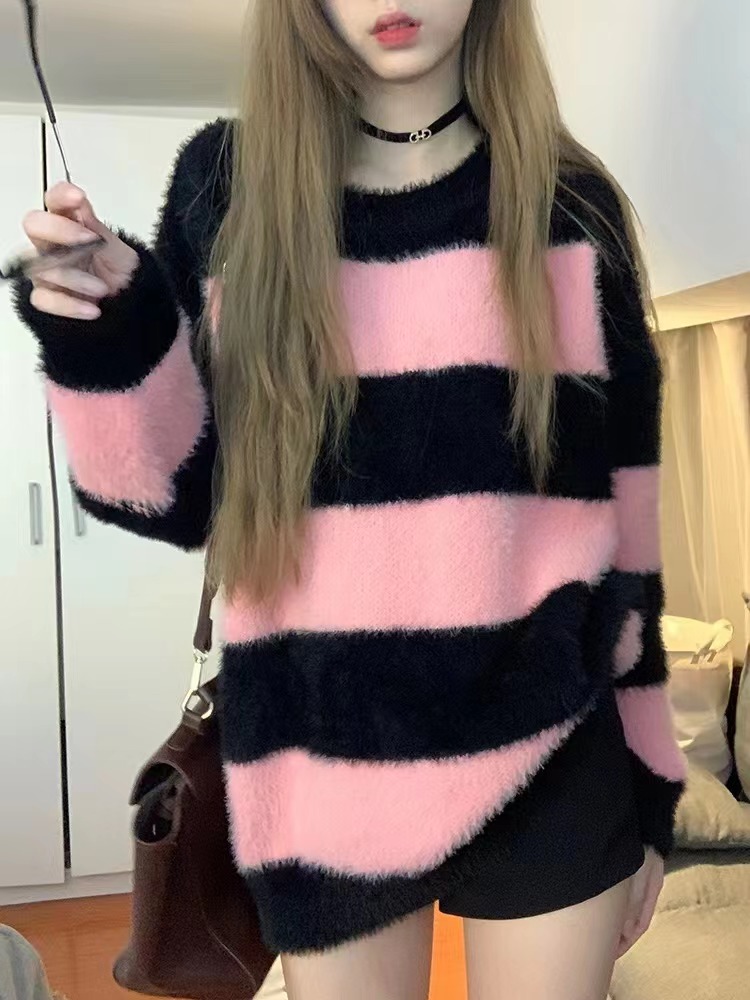 水貂絨條紋設計感ins韓系秋冬毛衣女新款加厚寬鬆外穿慵懶風