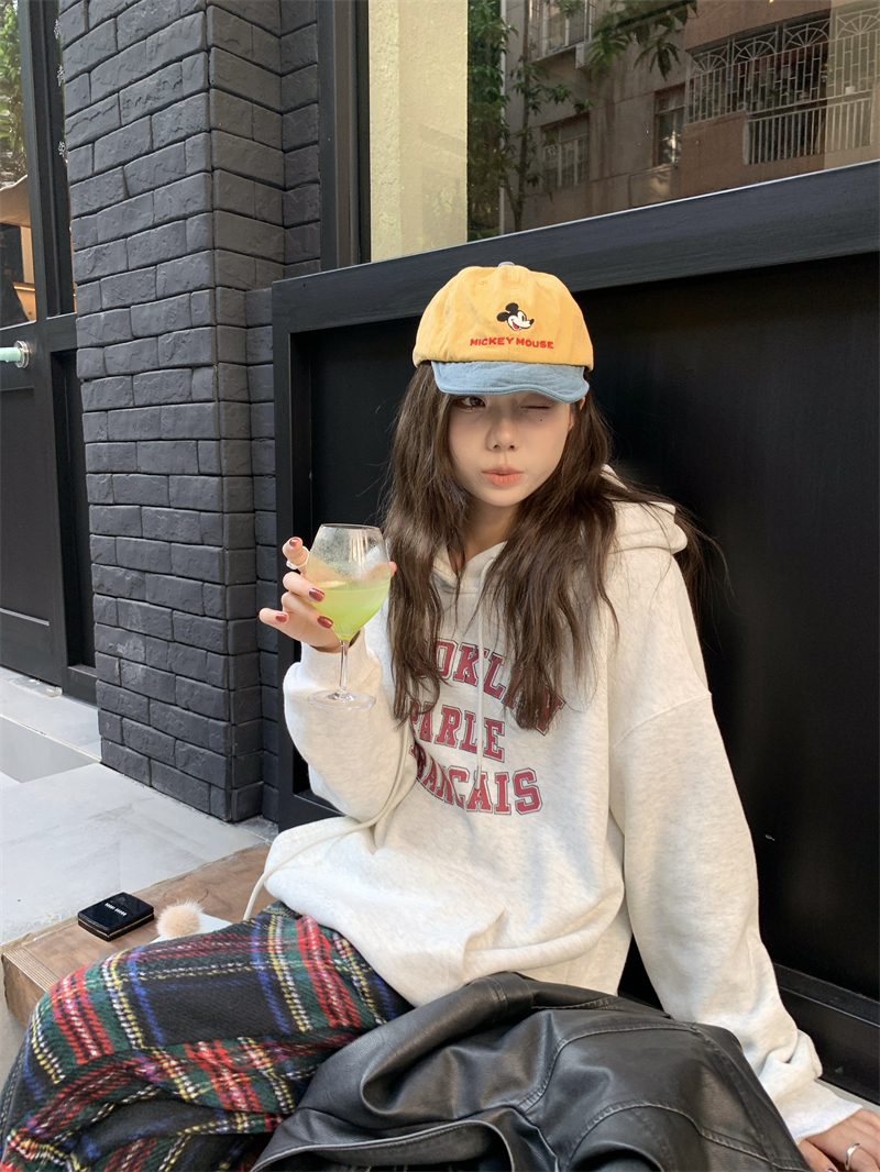 實拍 秋季純色印花字母連帽休閒百搭衛衣上衣女