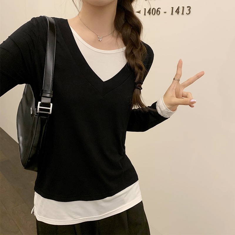 實拍圖圓領撞色假兩件長袖上衣女2023新款秋冬時尚內搭T恤打底衫