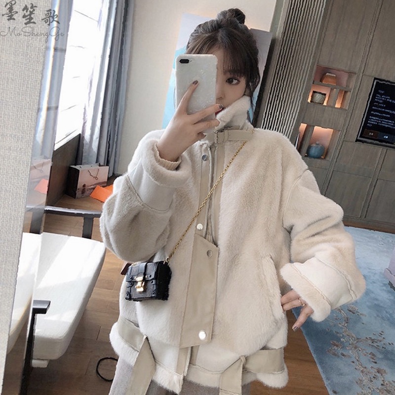 冬季短款羊羔毛外套女士韓版寬鬆加厚立領機車水貂絨毛毛皮毛一體