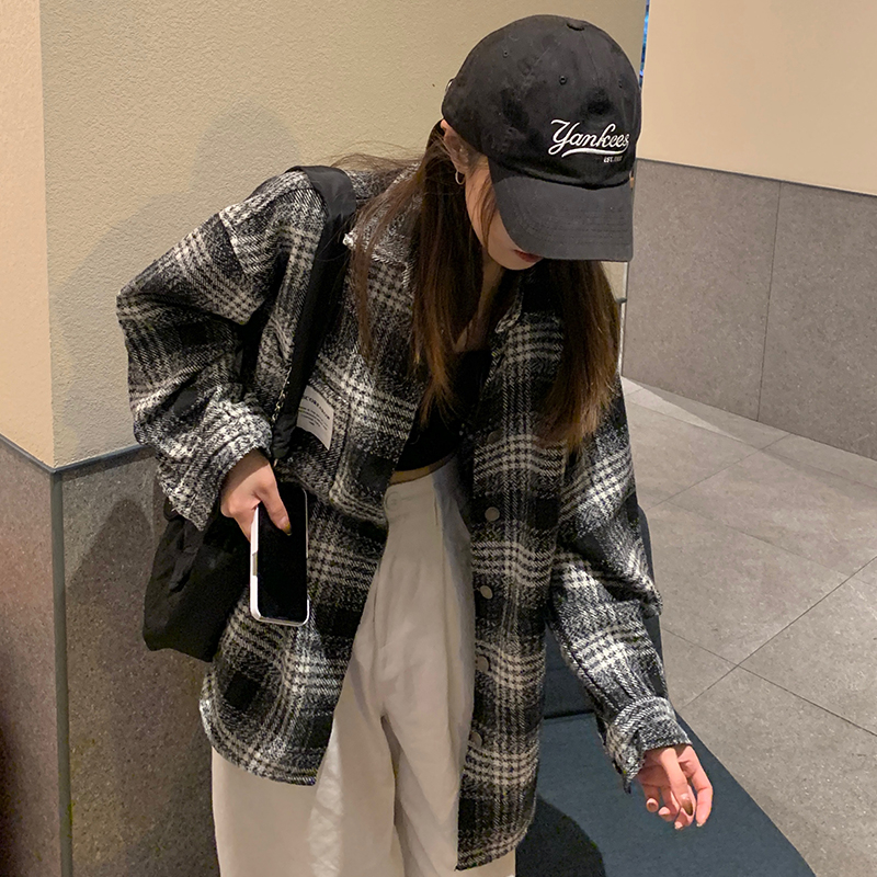 港風復古格子襯衫加厚外套男女秋冬寬鬆襯衣POLO領上衣