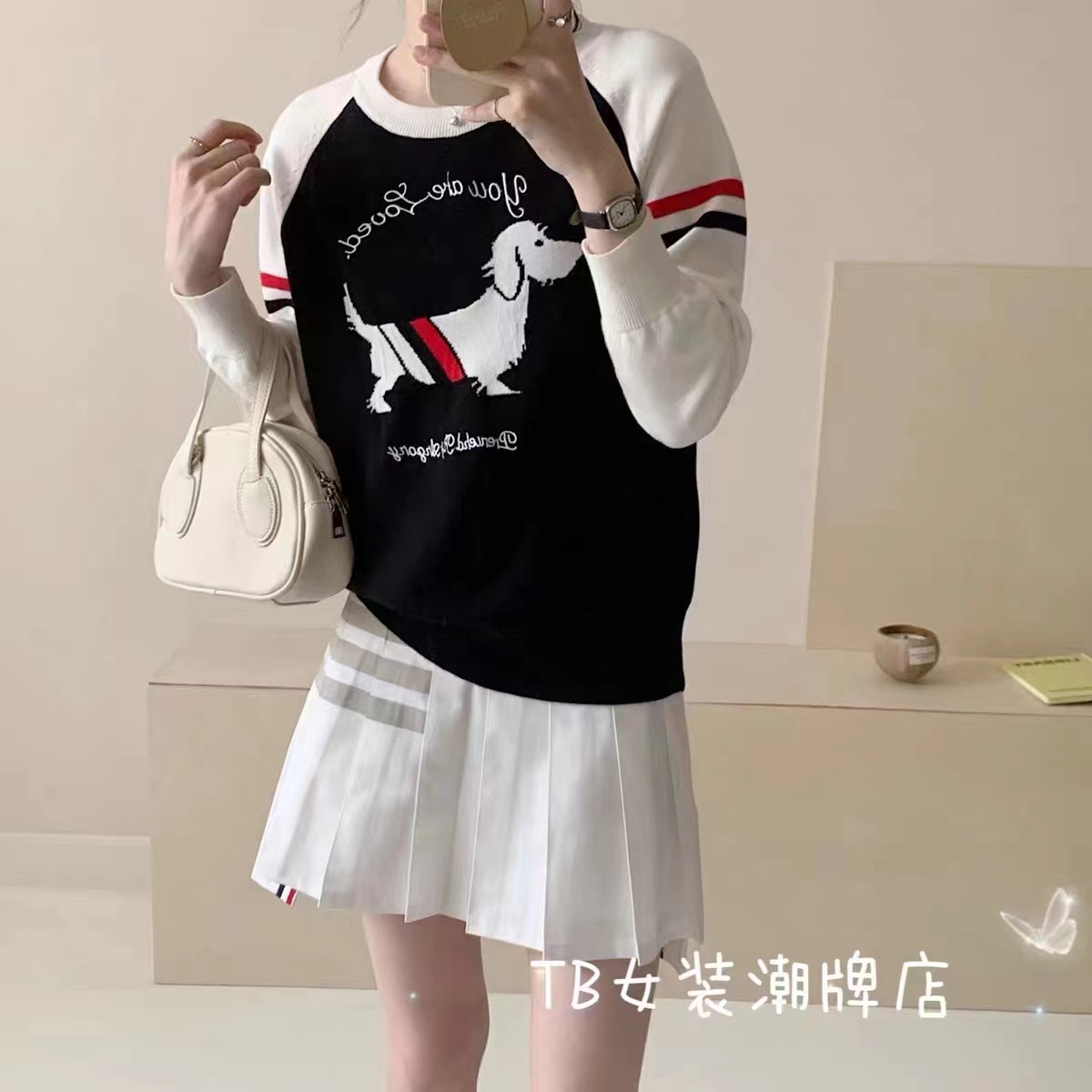撞色卡通小狗提花刺繡針織上衣學院風時尚寬鬆休閒百搭減齡毛衣女