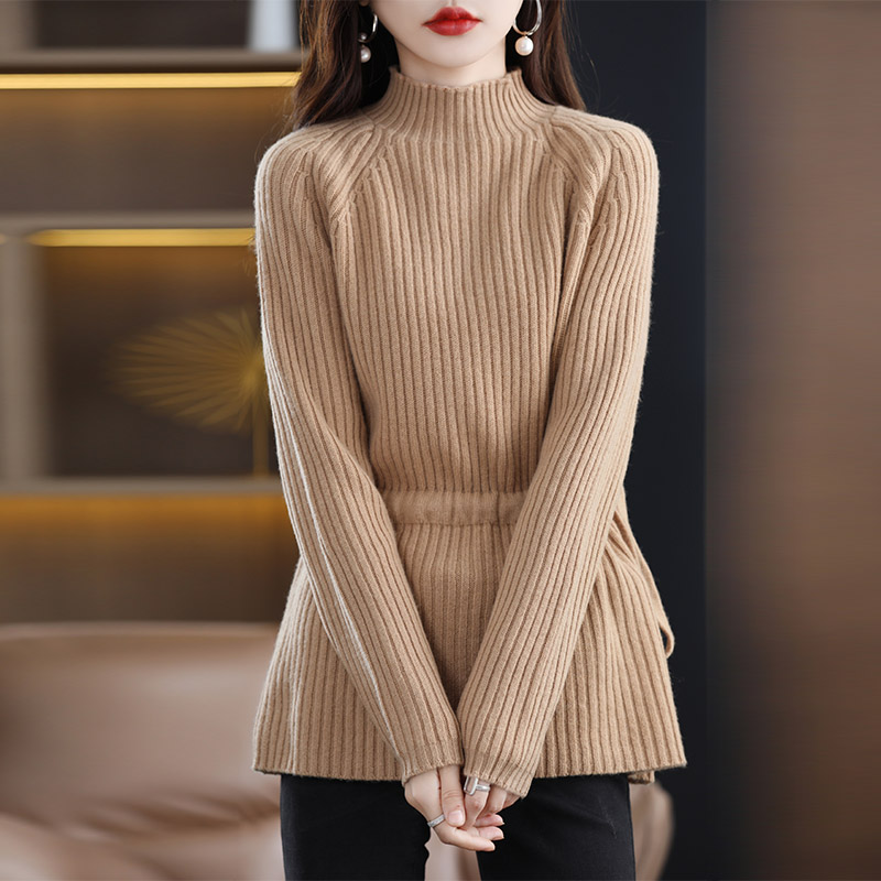 中長款羊絨衫女長袖套頭毛衣半高領收腰A字形休閒百搭100%純羊毛