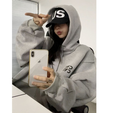 Autumn and winter velvet sweatshirt for women Korean style trendy student loose lazy style long-sleeved ins thickened top hooded jacket cec