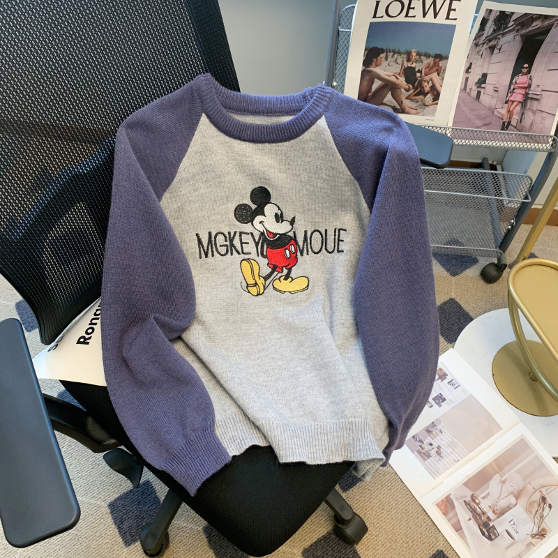 卡通米奇刺繡拼色套頭毛衣2023秋季新款百搭減齡寬鬆休閒針織衫女